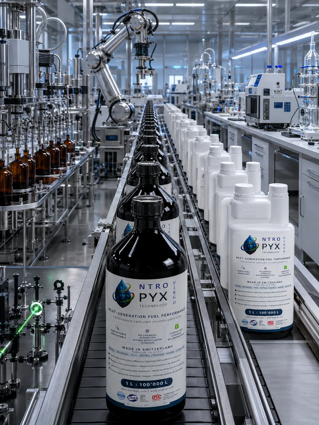Ligne de production NTROPYX avec flacons de produit blancs, noirs et bruns