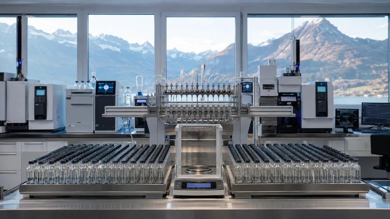 Paillasse de laboratoire suisse avec rangées d’échantillons de précision, équipements d’analyse et cadre alpin, pour l’autorité de production de Virgo